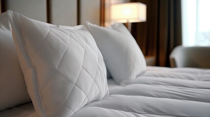 Wall Mural - Close-up of a neatly made bed with white quilted pillows, soft bedsheets, and a lit bedside lamp in a modern, cozy bedroom setting.