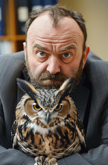 Canvas Print - A man poses for a photo with an owl perched on his shoulder. AI.