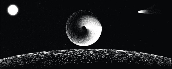 Wall Mural - stars and exoplanet in outer space. futuristic landscape, with noise texture . night landscape with 