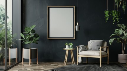 Wall Mural - Frame mockup in modern dark home interior background, Generative Ai.