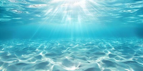 Sunlight illuminates underwater scene with light blue ocean and shining sun. Concept Underwater Photography, Sunlight Reflection, Blue Ocean, Shining Sun, Scenic Beauty