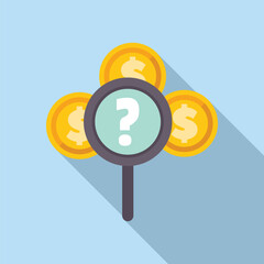 Poster - concept of financial uncertainty with a magnifying glass examining a question mark surrounded by dol