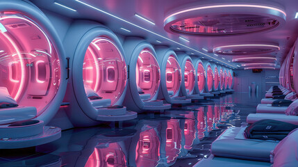 Poster - Futuristic space station, a long line of futuristic sleeping pods with round windows and LED hot pink lighting, each pod has one bed. Generative AI.