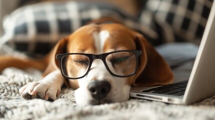 Poster - A dog with eyeglasses is resting next to a laptop on a cozy blanket, conveying a humorous and relaxed atmosphere.