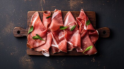 Poster - Sliced prosciutto arranged on a wooden cutting board with a dark background. Fresh green herbs are placed on top for garnish.