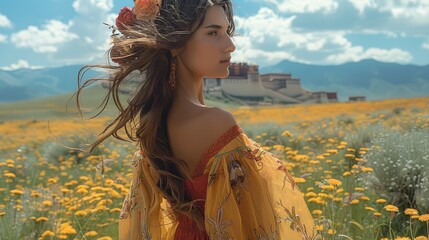 Wall Mural - A Tibetan beauty woman standing on the boundless grassland. Generative AI.