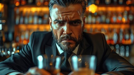 Poster - A man with small beard slicked angry wearing a suit in a high end bar. Generative AI.
