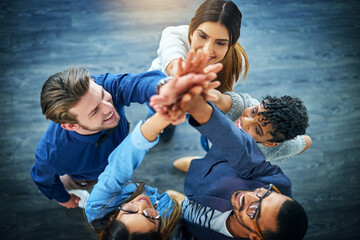 Aufkleber - Group, business people and high five in huddle for collaboration, support or diversity in workplace. Staff, above and teamwork at company office with hands up, together for goal with solidarity