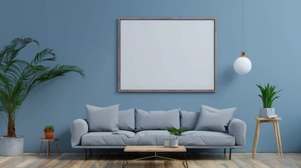 Wall Mural - Frame mockup, gray sofa and wooden table in living room interior, Generative Ai.