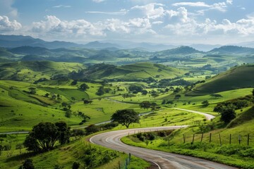 Calm trip through rolling hills, panoramic vistas of lush green landscapes and open skies