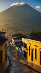 Wall Mural - Antigua cityscape at sunrise main street with yellow arch and Agua volcano, Guatemala