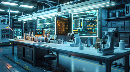 Aufkleber - A workbench in a warehouse or laboratory, equipped with tools for biotechnology, embedded systems, and software development. Generative AI.