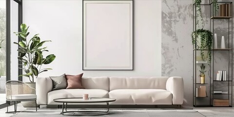 Wall Mural - Mock up poster frame in modern interior background, living room, minimalistic style, Generative Ai.