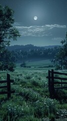 Wall Mural - a field with a fence and a full moon