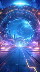 Wall Mural - a futuristic sci - fio with a train going through it