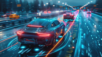 Aufkleber - A high-tech illustration of the driving on highway, with blue holographic lines representing their path and various vehicles. surrounded by digital waves symbolizing advanced, auto safety technology.