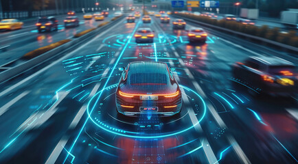 A high-tech illustration of the driving on highway, with blue holographic lines representing their path and various vehicles. surrounded by digital waves symbolizing advanced, auto safety technology.