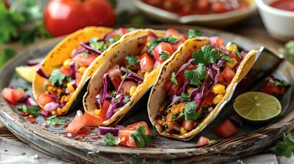 A plate of colorful, plant-based tacos with various vegetables and sauces, rustic wooden table setting. Generative AI.