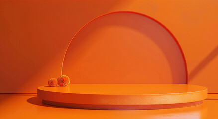 Poster - Vibrant orange background with a glossy podium mockup. Generative AI.