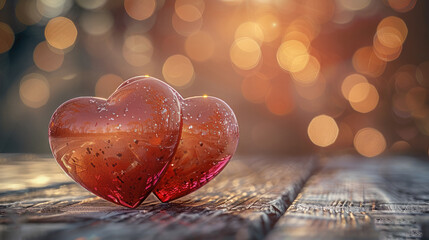 Poster - A charming 3D scene of two polished hearts, one red and one pink, on a rustic wooden table. The background is beautifully blurred with warm, soft tones. Generative AI.