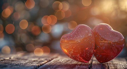 Poster - A charming 3D scene of two polished hearts, one red and one pink, on a rustic wooden table. The background is beautifully blurred with warm, soft tones. Generative AI.