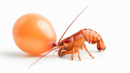 A whimsical lobster holding an orange balloon in its claws, set against a plain white background. This imaginative scene mixes marine life with playful elements.