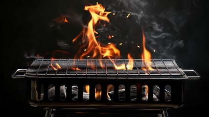 Poster - Close-up of a charcoal grill with flames and smoke rising, creating an intense and dynamic atmosphere for outdoor cooking and grilling.