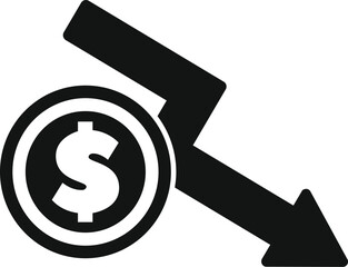 Poster - black and white icon of a dollar coin with a downward arrow, representing decreasing market value