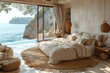 © Martinesku - Modern bedroom with boho interior design showcasing a bed adorned with beige bedding set against a spacious panoramic window overlooking the sea