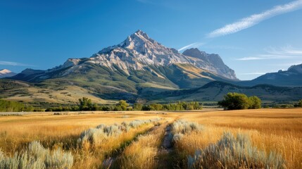 Wall Mural - A golden field stretches out towards a majestic mountain range in the background under a bright blue sky, creating a timeless and idyllic pastoral scene.