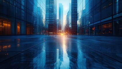 Poster - Reflective Cityscape: A Wet Urban Street at Sunset