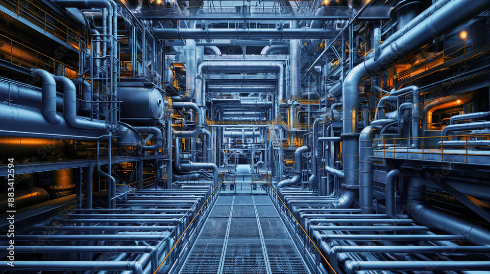 Interior view of an industrial facility with complex piping and ...