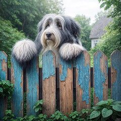 Wall Mural - A fluffy Bearded Collie dog with black and white fur peers over a weathered picket fence with chipped blue paint