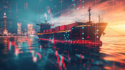 Canvas Print - A cargo ship carrying containers sails through digital abstract elements with a city skyline in the background at sunset.