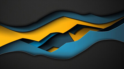 Poster - abstract design featuring yellow and blue paper waves, resembling a world flag, on a dark gray background.