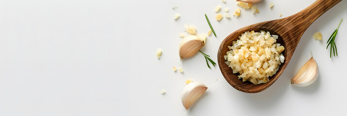 Wall Mural - Wooden ladle with minced garlic on a white desk with a plain background, presenting a top view of the copy space image.