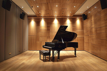 Classic grand black piano in classical style room interior. Musical instrument, musical art