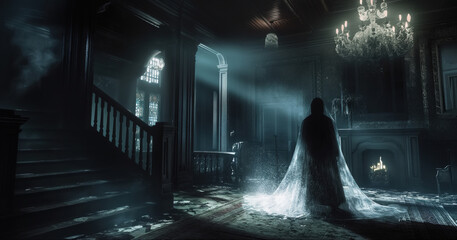 Wall Mural - A dark, eerie interior of an old mansion with a figure draped in a translucent cloak standing near a fireplace. Dim light penetrates through stained glass windows.