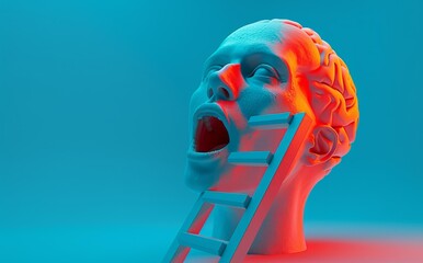 Poster - A 3d model of a head with an orange ladder on it. AI.
