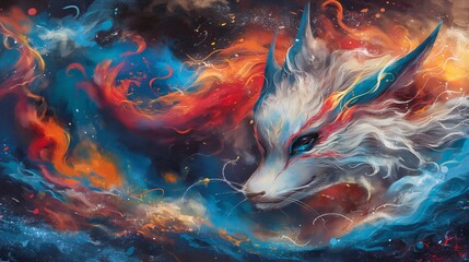 Wall Mural - Mystical Fox with Colorful Swirling Energy in Cosmic Background