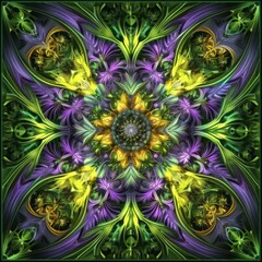 Sticker - A purple and green flower pattern with a yellow center. AI.