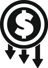 Poster - Black and white icon of a dollar coin with three arrows pointing down, illustrating a decrease in value