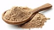 © Junaid - organic acacia fiber powder with wooden spoon isolated on white background.
