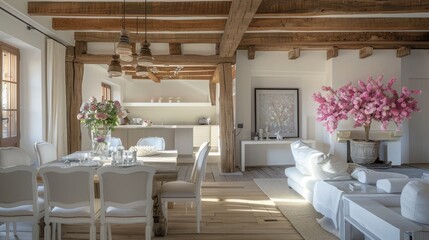 Wall Mural - Modern dining room with rustic wood beams, elegant white furnishings, and a living room beautifully decorated with pink flowers.