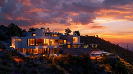 Poster - Modern hillside house bathed in the last light of a spectacular sunset with orange and purple sky.