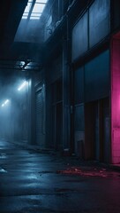 Poster - Atmospheric backdrop featuring empty room, street, neon glow, smoke, fog, asphalt, and concrete