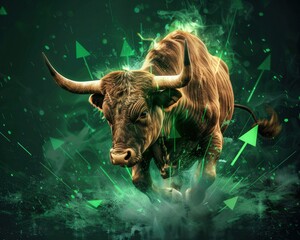 Canvas Print - A bull is standing in front of a green background with a green arrow pointing upwards. Concept of growth and progress, as the bull is surrounded by various symbols