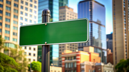 Isolated blank green street sign mounted on a pole in urban cityscape with blurred background ready for custom text and graphic design.