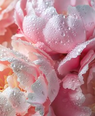 Wall Mural -   A close-up of several flowers with water droplets on their petals and above them