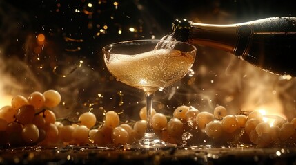 Poster -  A champagne bottle being poured into a glass with grapes nearby